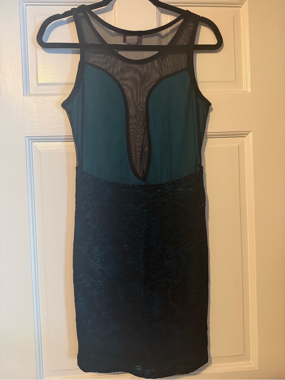 Teal and Black Mesh-Detail Mini Dress